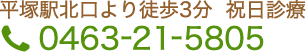 平塚駅北口より徒歩3分　祝日診療。0463-21-5805